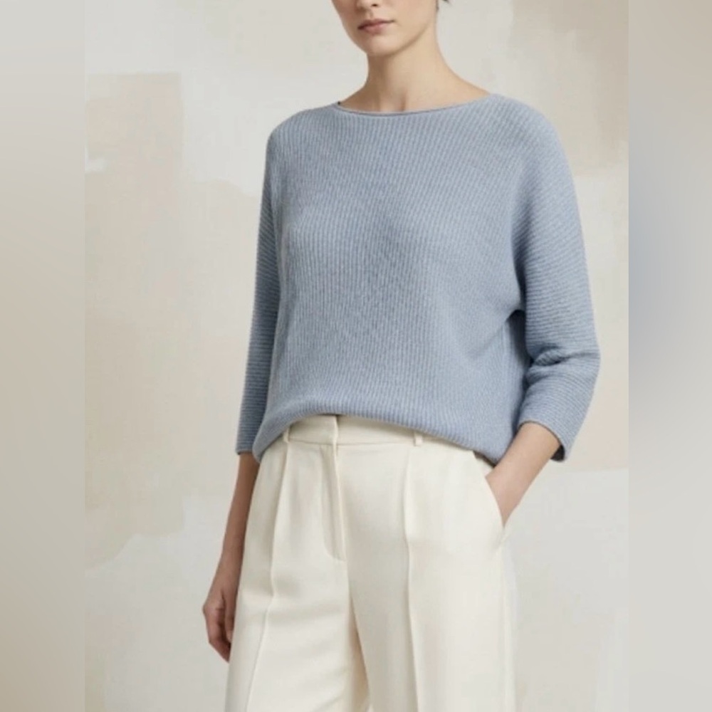 Eileen Fisher Soft Blue Knit Sweater Top Size S Hemp Blend Bateu Neck Minimalist